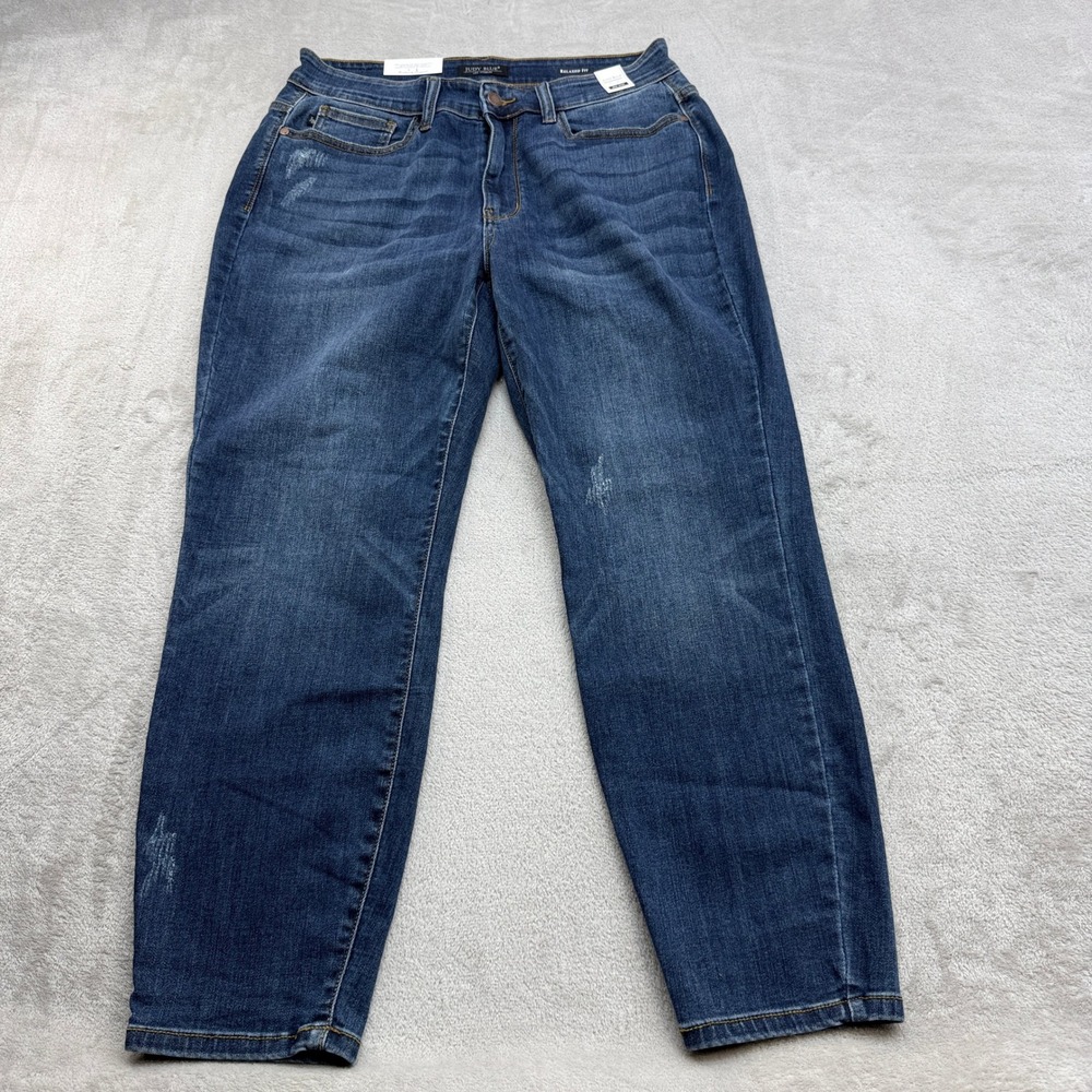 Judy Blue Relaxed Fit Jeans Women 14W Petite Dark Blue Distressed Mid Rise Denim
